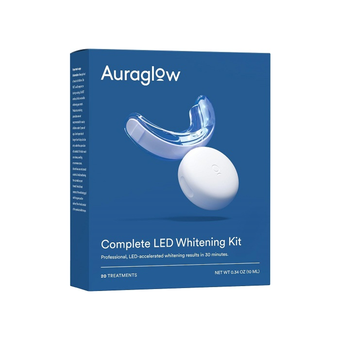 Auraglow Teeth Whitening Kit includes LED light, whitening gel, and trays.