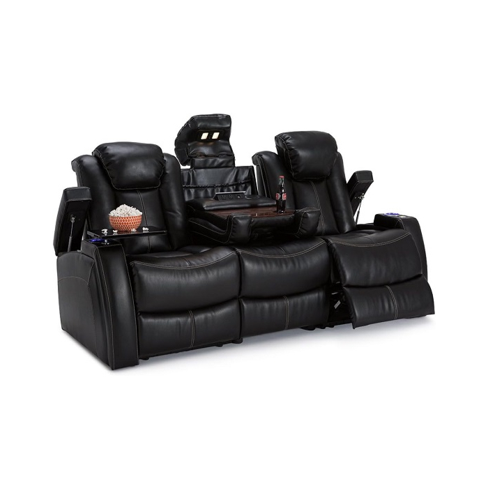 Seatcraft Omega Home Theater Seating - Living Room - Leather Gel - Power Recline - Power Headrests - AC and USB Charging - Lighted Cup Holders - Fold Down Table (Sofa, Black)