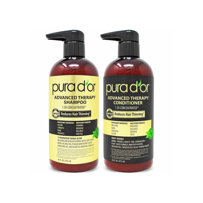 PURA D'OR Shampoo and Conditioner bottles side-by-side on a shelf, with healthy, thick hair in the background.