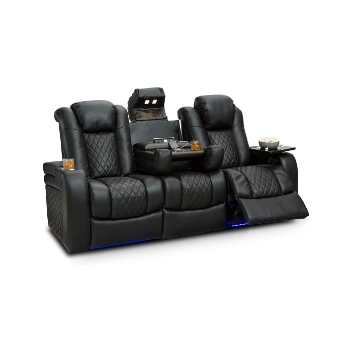 Seatcraft Anthem Home Theater Seating - Living Room - Top Grain Leather - Power Recline Sofa - Fold-Down Table - Powered Headrests - Arm Storage - AC/USB and Wireless Charging - Black