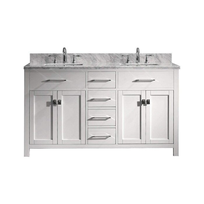 White Virtu USA Caroline 60" Double Bathroom Vanity with Marble Top