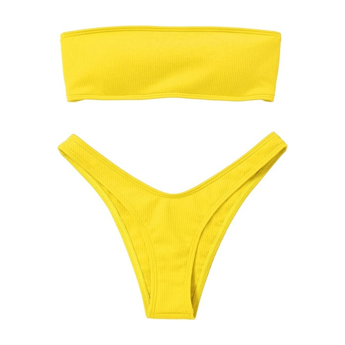 ZAFUL Women Strapless Ribbed High Cut Bandeau Bikini Set(Yellow M)