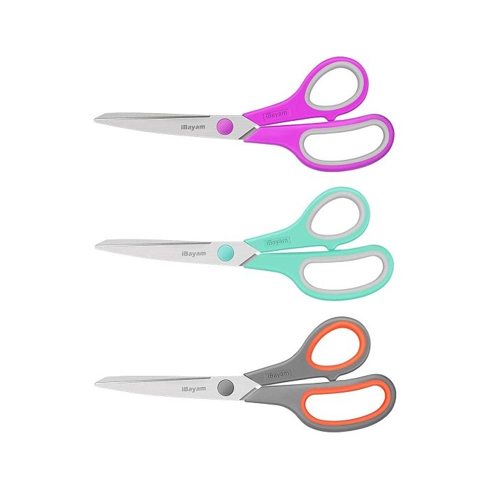 Scissors, iBayam 8" Multipurpose Scissors Bulk Ultra Sharp Shears, Comfort-Grip Sturdy Scissors for Office Home School Sewing Fabric Craft Supplies, Right/Left Handed, 3-Pack, Mint, Grey, Purple