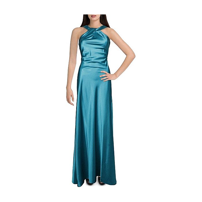 Stunning Calvin Klein Women's Halter Neck Gown featuring a beautifully draped neckline and an alluring open back.