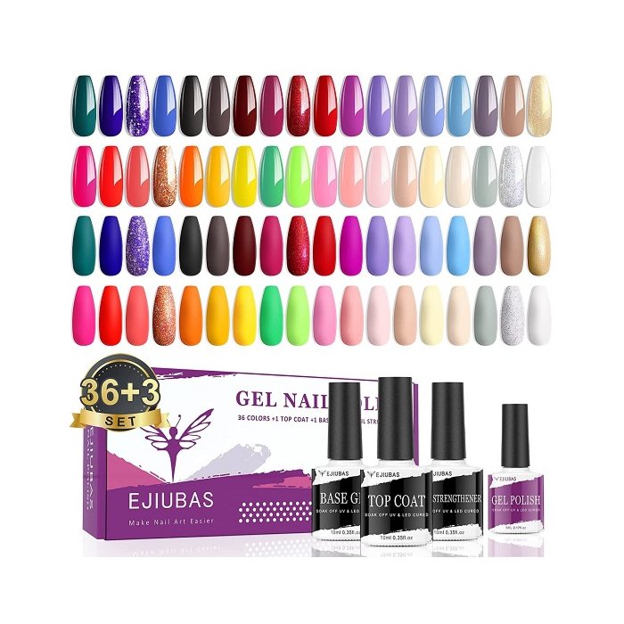 Gel Nail Polish Set 39 Pcs - Ejiubas All Seasons Holiday Fall Nail Polish, Long Lasting Over 30 Days, Soak Off Gel Polish Colors 36pcs with Gel Top Coat Base Coat Nail Strengthener,Gift for Women Mom Girls