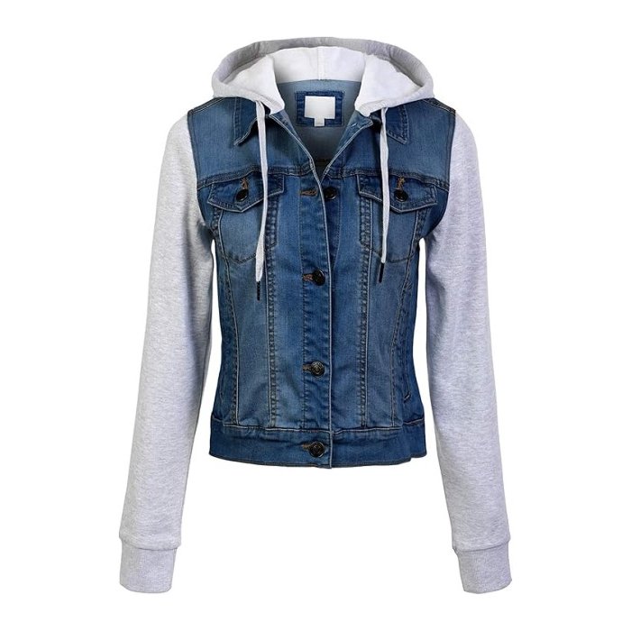 Design by Olivia Women's Hooded Denim Jacket in Medium Denim, featuring a classic silhouette and soft denim fabric.