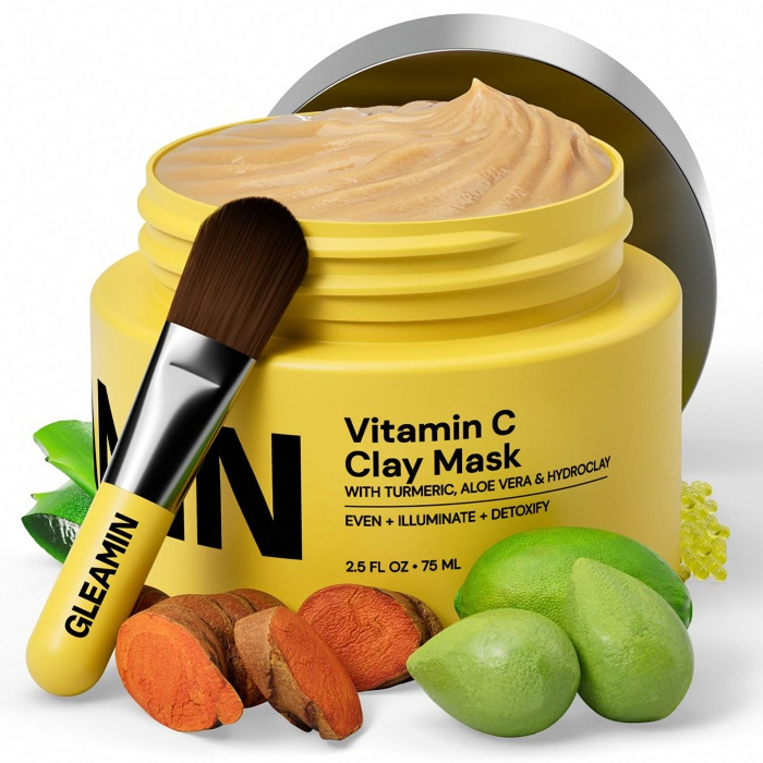 Gleamin Vitamin C Clay Mask - 10-Minutes for Dark Spots, Turmeric Face Mask Skin Care, Deep Cleansing Pores - Facial Improves Uneven Tone, Post-Blemish, Visibly Brighten, Scarring and Texture - 2.5 Oz