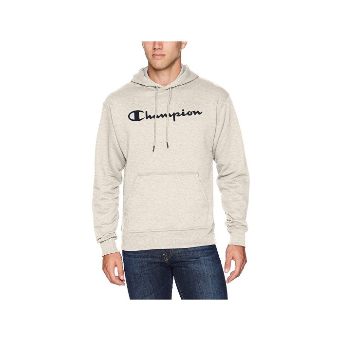 Champion Men's Powerblend Fleece Pullover Hoodie, Script Logo, Oatmeal Heather-Y07718, Small