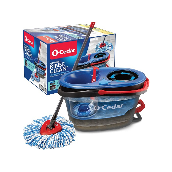 O-Cedar EasyWring RinseClean Microfiber Mop and Bucket System with grey mop and bucket.