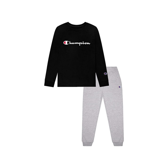 Champion Heritage Kids Boys Crew Neck Long Sleeve Tee Shirt and Fleece Jogger Sweatpant 2 Piece Set Kids Clothes (12 Months, Black/Oxford Heather Classic Script)