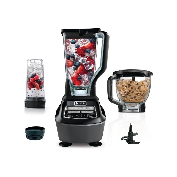 Powerful Ninja BL770AMZ Mega Kitchen System with 72oz pitcher, food processor bowl, and single-serve cup attachments.