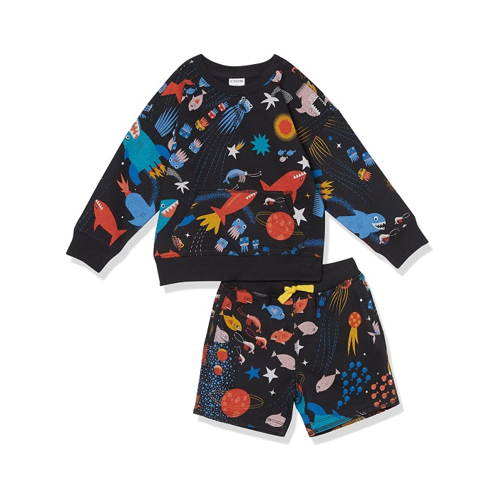 Spotted Zebra Toddler Boys' French Terry Cozy Long-Sleeve Top and Short Set, Black, Space/Fish, 2T