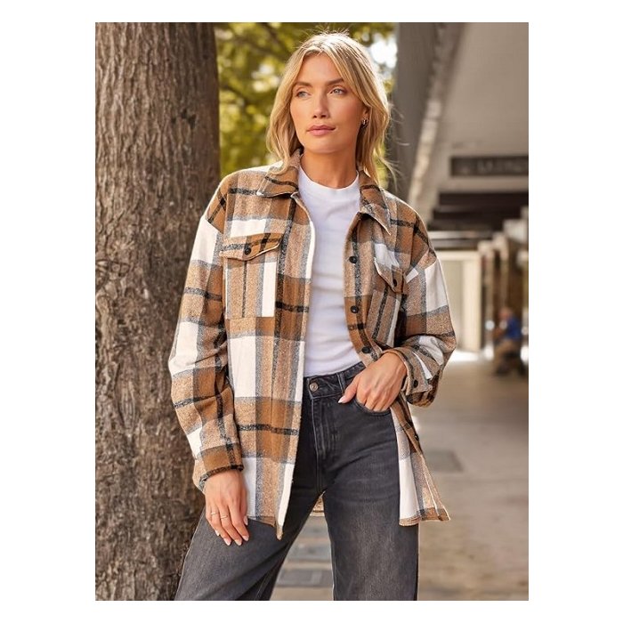 Cozy Fall Fashion: Women's Flannel Shacket in Classic Plaid Design.