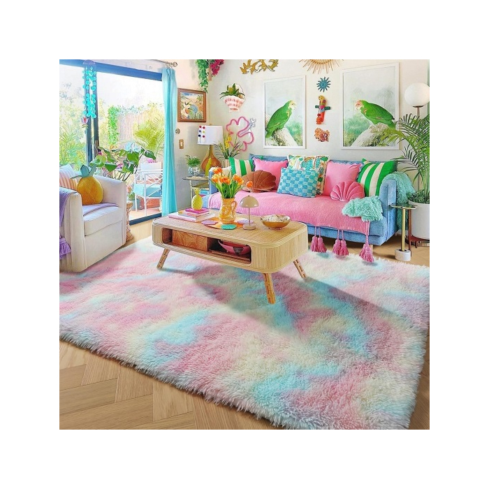 Rainbow Fluffy Rugs for Girls Bedroom, 4x6 Rug, Unicorn Room Decor, Pastel Area Rug for Kids, Shag Carpet for Nursery, Soft Play Mat for Baby, Fuzzy Rug for Living Room, Plush Throw Rug for Playroom