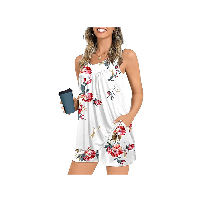 Soft Tank Top and Comfy Shorts Pajama Set for Women in Floral White