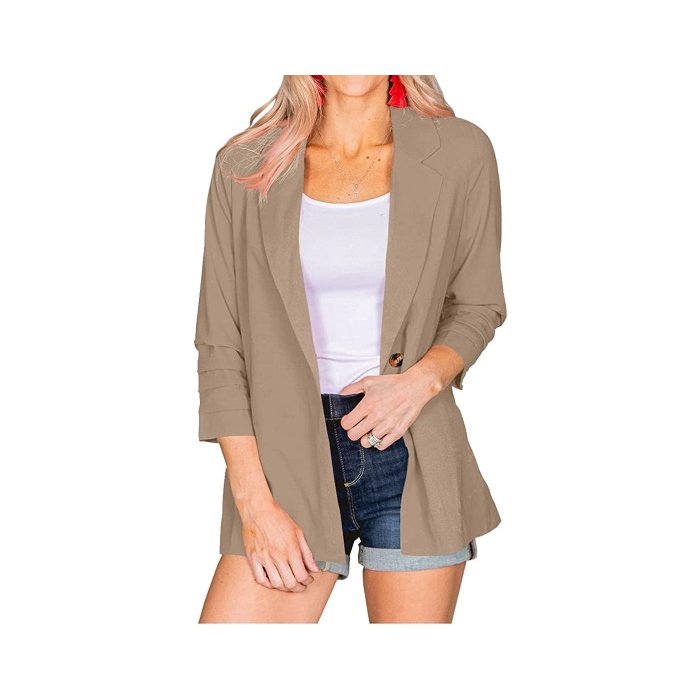 Wihion Women Casual Blazers Open Front Tucked 3/4 Sleeve Lapel Solid Work Office Jackets with Pockets Khaki