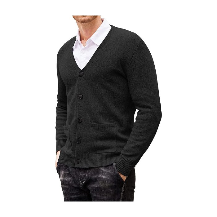 COOFANDY Men's Cardigan Sweater Cotton Blend V Neck Buttons Dwon Cardigan with Pockets Black