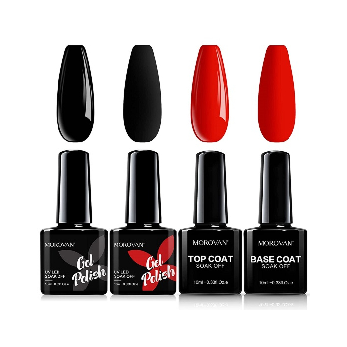 Morovan Red Black Gel Nail Polish Kit - Gel Nail Polish Set with Base Coat and Top Coat Nail Art Shine Long Lasting Soak Off Gel Nail Polish Manicure Salon DIY at Home