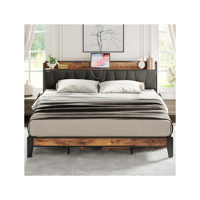 LIKIMIO King Size Bed Frame, Storage Headboard with Charging Station, Solid and Stable, Noise Free, No Box Spring Needed, Easy Assembly