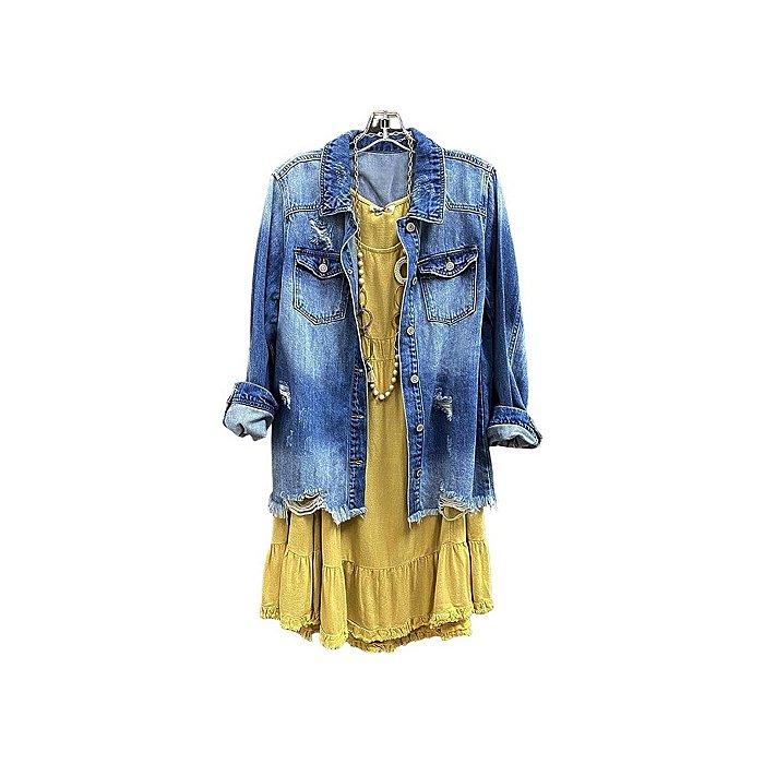 SCOFEEL Women Denim Shirt Jacket Down Distressed Washed Ripped Frayed Jean Jacket with Pocket