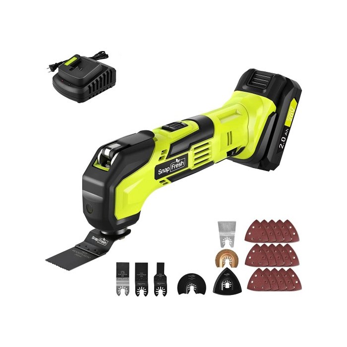 SnapFresh Cordless Oscillating Tool, 20V Oscillating Multi-Tool with 6 Speed, 3.2°Oscillating Angle, 22pcs Accessories, 2.0Ah Battery and Fast Charger, Tool Kit for Scraping, Sanding, Cutting Wood