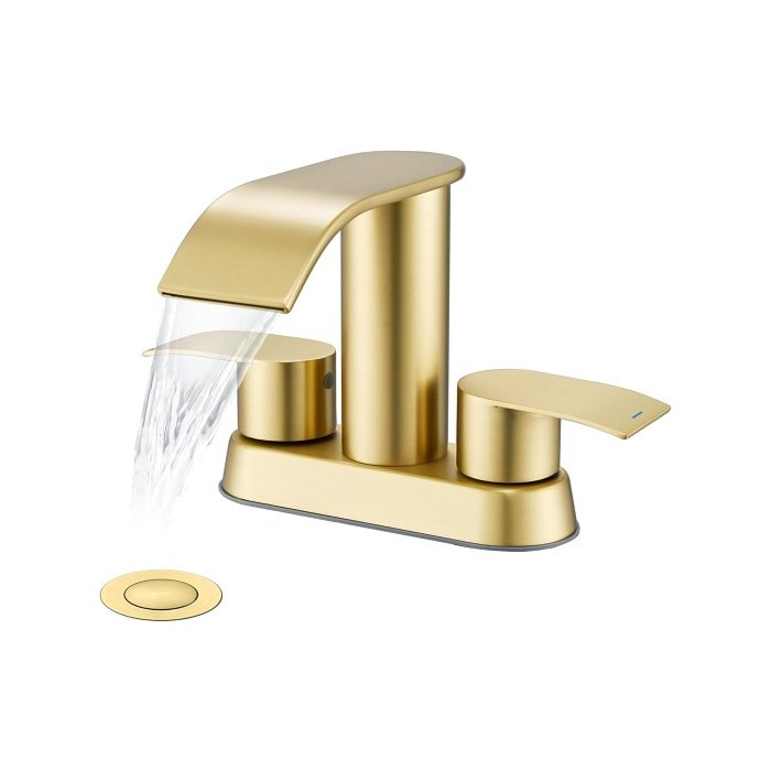 Ultimate Unicorn Waterfall Bathroom Sink Faucet Brushed Gold, Two Handles Bathroom Faucet with Metal Pop up Sink Drain Stopper, 2 or 3 Holes Bathroom Basin Lavatory Mixer Tap with Deck Mount Plate