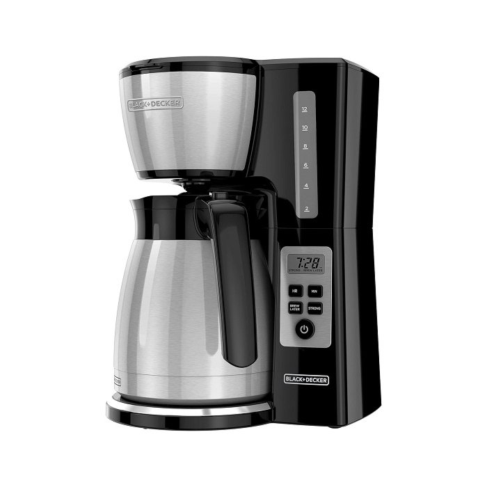 BLACK+DECKER 12-cup thermal coffee maker with a carafe pouring a cup of coffee.