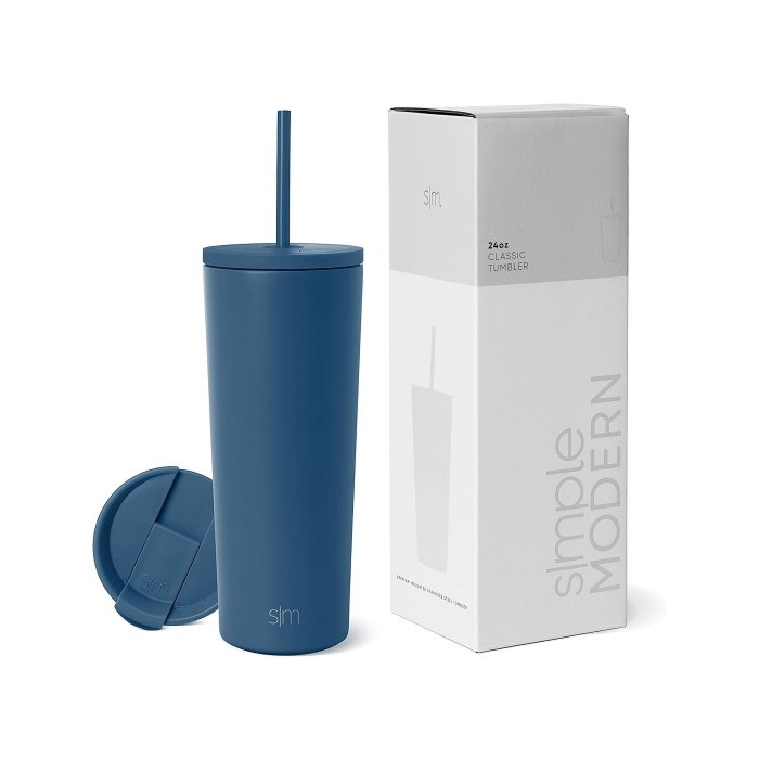 Simple Modern 24oz Insulated Tumbler in Slumberland color with a leak-proof lid and reusable straw.