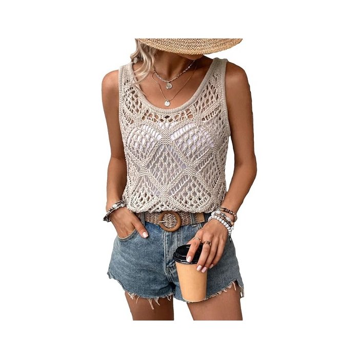 COZYEASE Women's Crochet Tank Tops Knit Sweater Vest Hollow Out Sleeveless Cover Up Summer Boho Top Scoop Neck Pullover Khaki