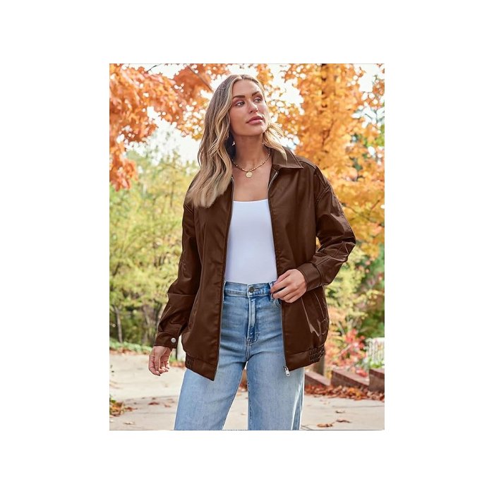 AUTOMET Women's Oversized Faux Leather Jacket in Caramel, featuring a relaxed fit and classic moto design.