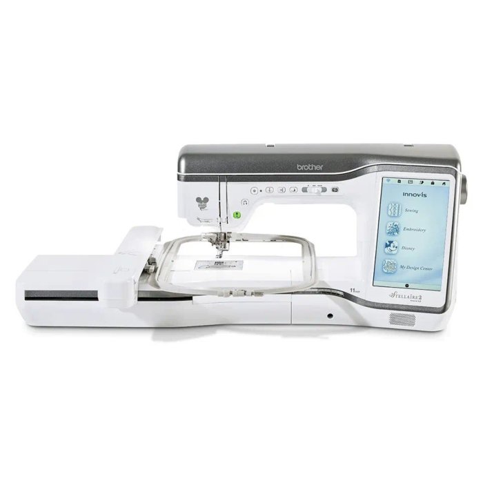 Brother Stellaire 2 Innov-is XJ2 Sewing Machine with Disney embroidery designs displayed on a touchscreen.