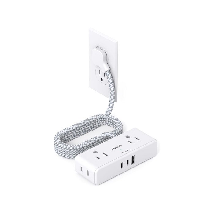 6-foot flat extension cord with white flat plug power strip.