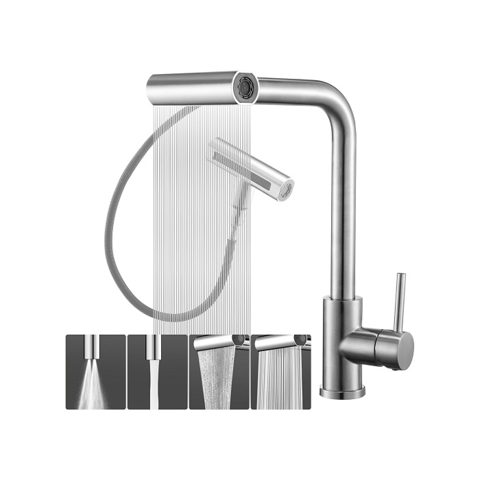 FlowTech 4-in-1 kitchen faucet with pull-out sprayer.