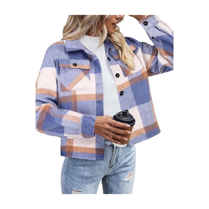 Front view of Zeagoo Women's Cropped Shacket in soft plaid flannel.