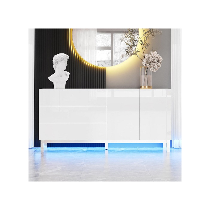 AMERLIFE High Gloss Electroplated Sideboard Buffet Storage Cabinet with LED Lights, 63" Modern Minimalist Console Table with Magnetic Doors & Drawers for Living Room, Dining Room, Entryway, White