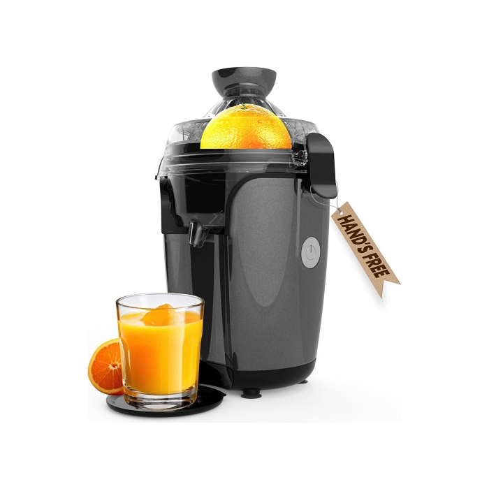 Eurolux Electric Citrus Juicer in gray, squeezing an orange half.