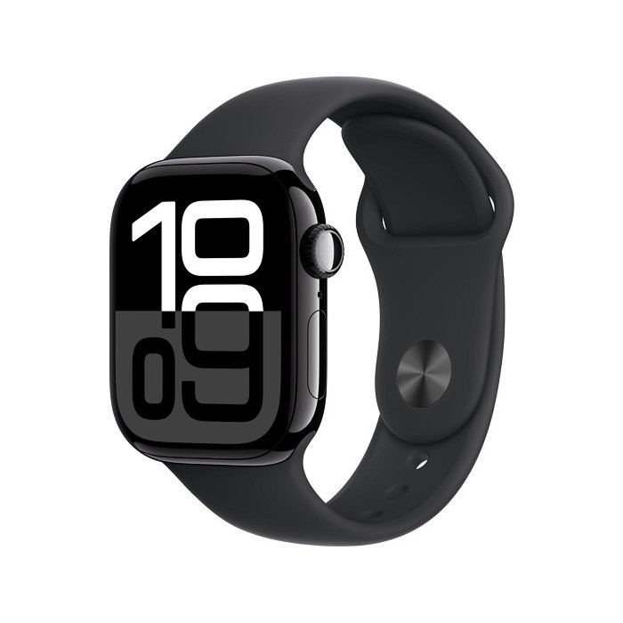 Apple Watch Series 10 (42mm) in sleek jet black aluminum with a comfortable black sport band.