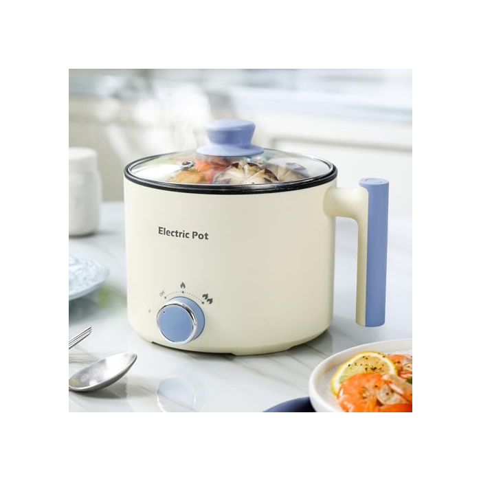 YOOLYQI Electric Hot Pot:1.5 L Ramen Cooker, Dual Power Mini Portable Multi-Functional Lazy Pot for Pasta, Noodles, Egg, Soup, Non-Stick Noodle Cooker with Boil Dry Protection for Dorm, Office (Beige)