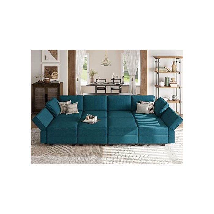 Belffin Peacock Blue Velvet Modular Sectional Sofa Bed, 8 Seater, 3 Sleeper, Storage, Recliner, Modern, Engineered Wood, Living Room, Apartment, Studio, 26.4x58.3x33.5 inches, 99 lbs