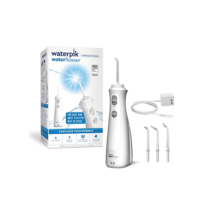 Waterpik Cordless Pearl Rechargeable Portable Water Flosser for Teeth, Gums, Braces Care and Travel with 4 Flossing Tips, ADA Accepted, WF-13 White