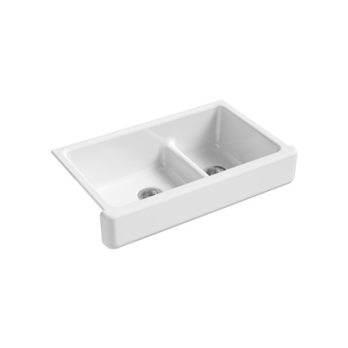 KOHLER K-6426-0 Whitehaven Farmhouse Smart Divide Self-Trimming Undermount Apron Front Double-Bowl Kitchen Sink with Short Apron, 35-1/2-Inch X 21-9/16-Inch X 9-5/8-Inch, White