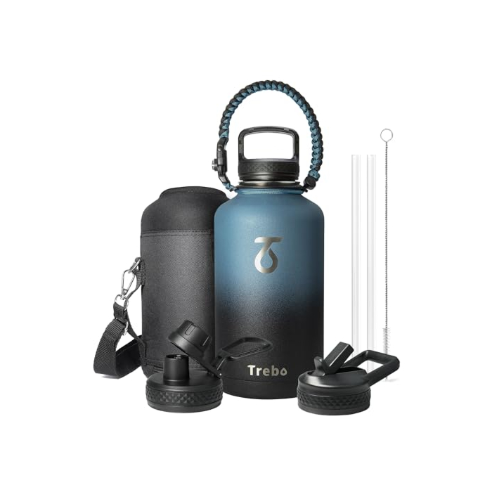 Trebo Water Bottle 64oz with Paracord Handle, Half Gallon Food-grade Double Wall Vacuum Stainless Steel Insulated Jug with Holder Strap Straw Spout Handle Lids, Leakproof Keep Cold & Hot, Indigo/Black