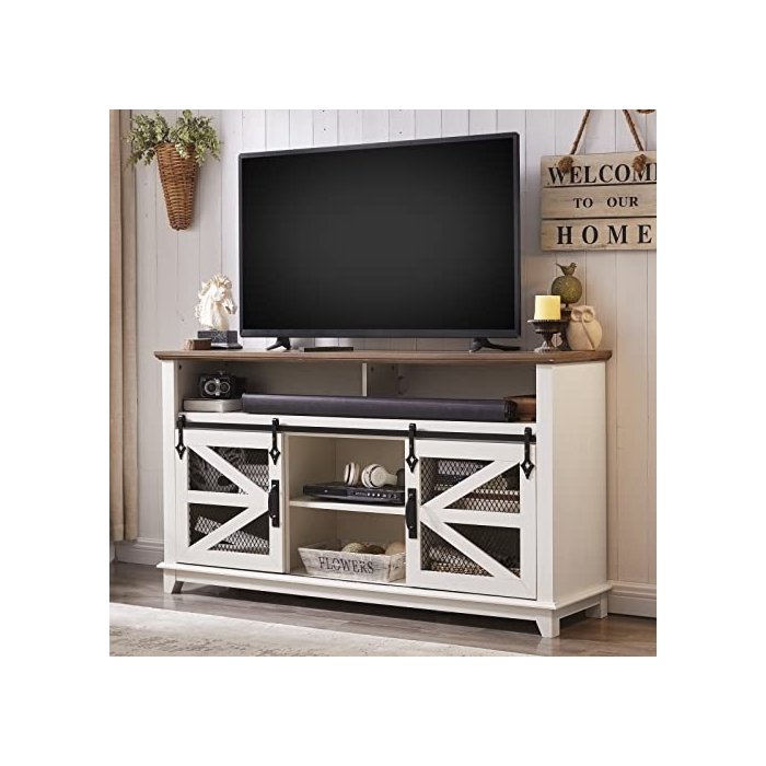 OKD Farmhouse TV Stand for 65+ Inch TV, Industrial & Farmhouse Media Entertainment Center w/Sliding Barn Door, Rustic TV Console Cabinet w/Adjustable Shelves for Living Room, Antique White