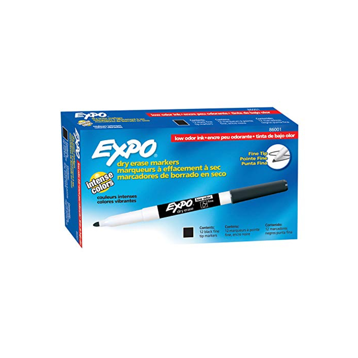 EXPO Low Odor Dry Erase Markers, Fine Tip, Black, 12 Count