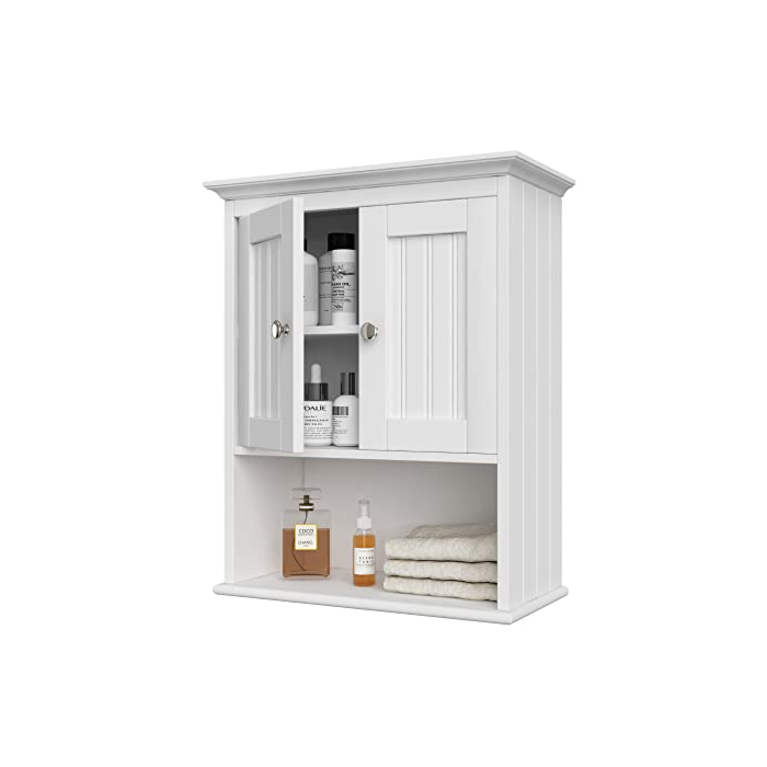 Treocho Wood Wall Cabinet, Bathroom Medicine Cabinet Storage with Doors and Adjustable Shelf, Rustic Cabinet Wall Mounted for Bathroom, Livingroom, Kitchen, Cupboard, White