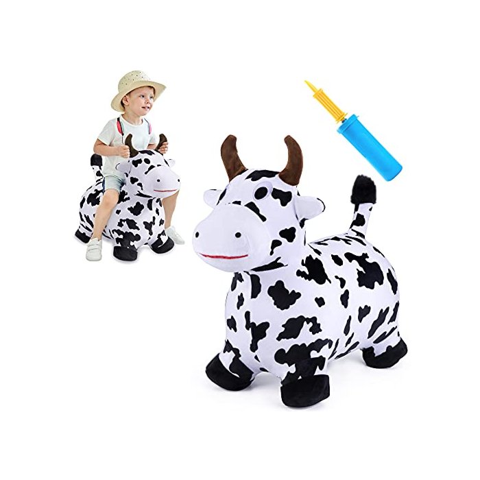 iPlay, iLearn Bouncy Pals Cow Hopping Horse, Outdoor Ride on Bouncy Animal Play Toys, Inflatable Hopper Plush Covered with Pump, Birthday Gift for 18 Months 2 3 4 5 Year Old Kids Toddlers Boys Girls