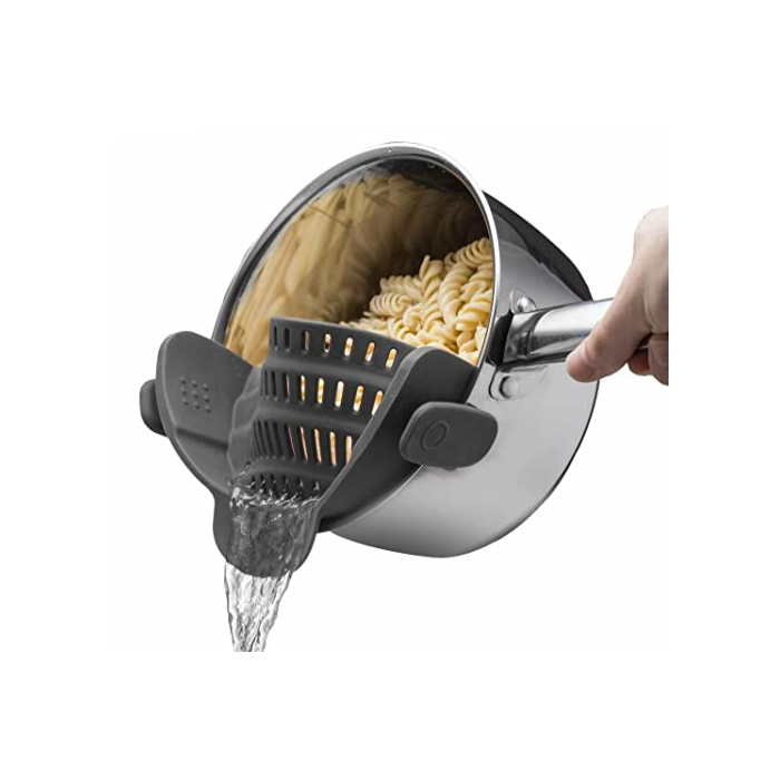 Kitchen Gizmo Snap N Strain Pot Strainer and Pasta Strainer - Adjustable Silicone Clip On Strainer for Pots, Pans, and Bowls - Kitchen Colander - Gray