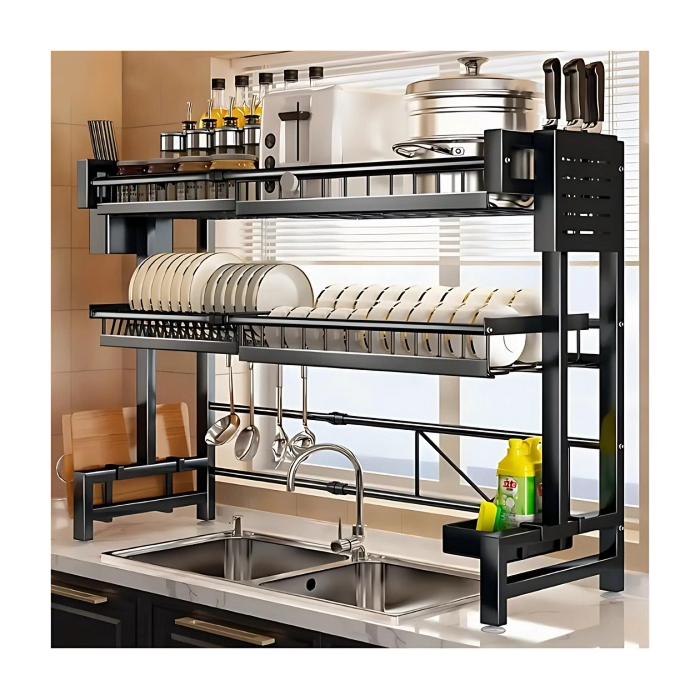 3-Layer Stainless Steel Dish Drying Rack above a sink, fully expanded with dishes and utensils.