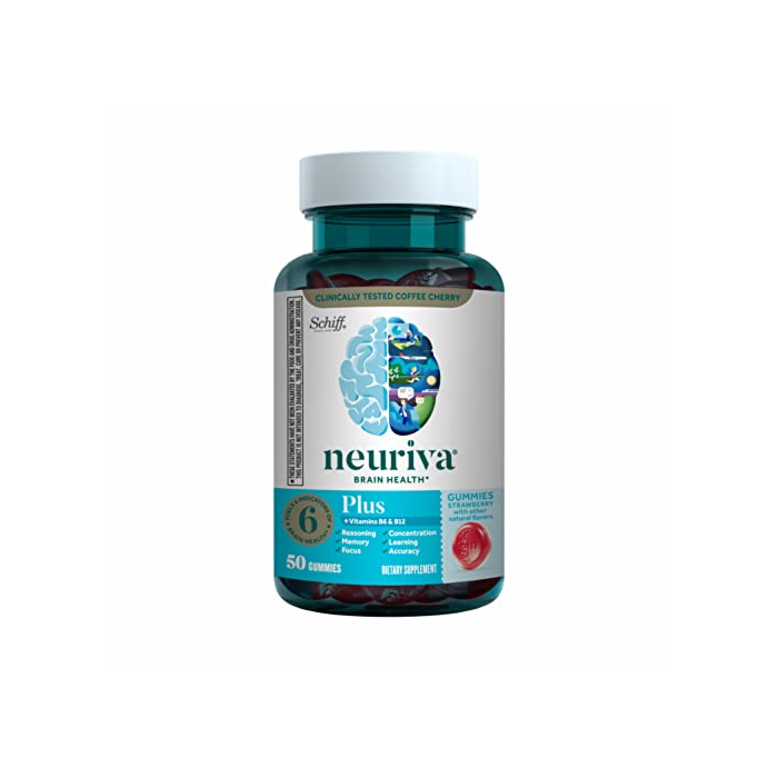 NEURIVA Plus Brain Supplement For Memory, Focus & Concentration + Cognative Function with Vitamins B6 & B12 and Clinically Tested Nootropics Phosphatidylserine and Neurofactor, 50ct Strawberry Gummies