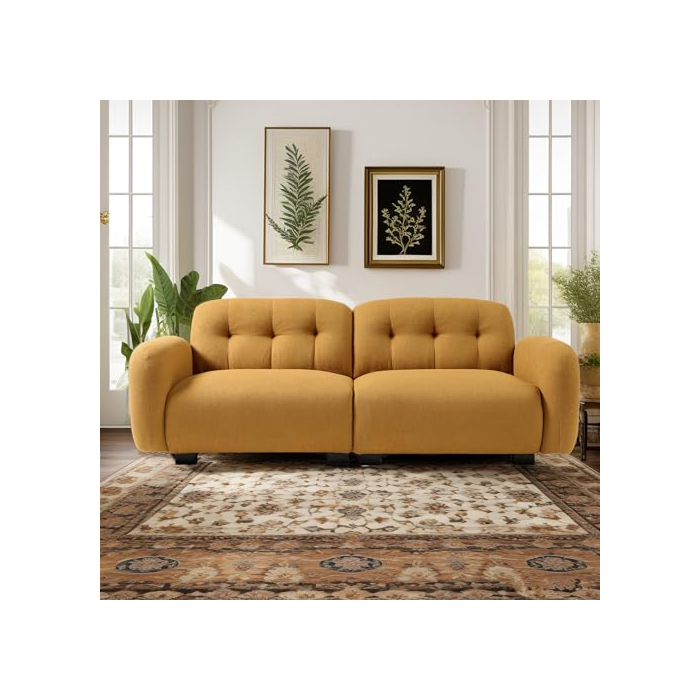 PUG258Y Loveseat Modern Sofa Couch: Mid-Century Sofa with Extra Deep Seats,81 Inch 2 Seater Sofa Couch for Living Room Apartment Lounge and Office, Dual Pillows, Teddy - Large Cognac